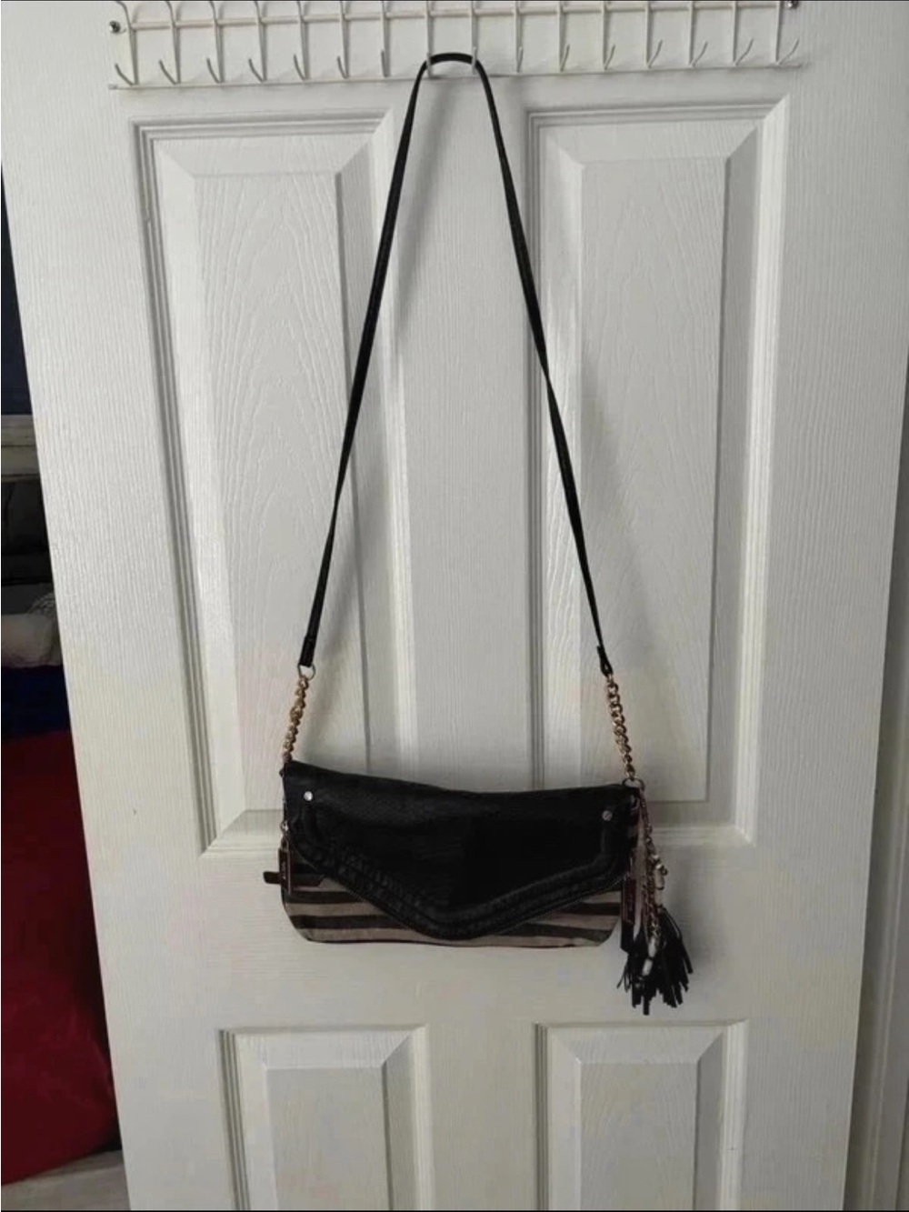 Aldo Black Striped Crossbody with Tassel Accent